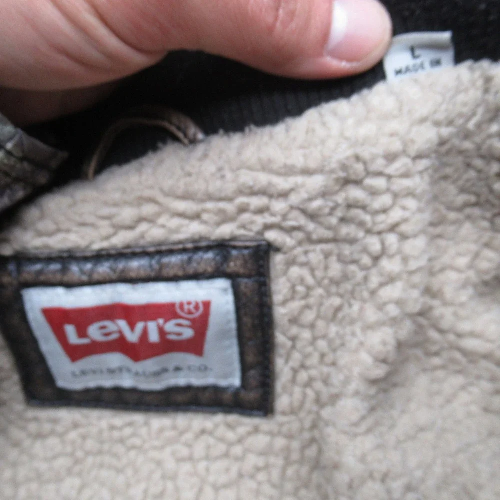 Levis Faux Leather Jacket Mens Large‎ Brown Sherpa Fleece Lined Full Zip Trucker - Picture 4 of 16